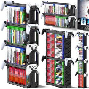 Kytok 비디오 게임 디스크 랙 타워 스토리지 호환 PS5 / PS4 XBOX One 시리즈 닌텐도 스위치 월 마운트 책상 바닥용 정리 선반 디스플레이 스탠드 컨트롤러 홀더 포함