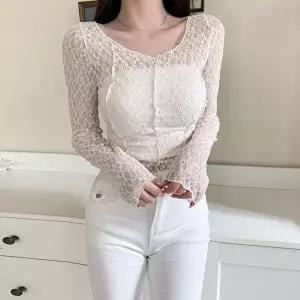 [신상오픈런]|KMH4337|여성 시스루 긴팔 레이스 초커 블라우스 슬림핏