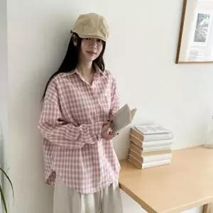 [신상오픈런]|CMH4335|여성용 봄 가을 루즈핏 체크 언발란스 셔츠