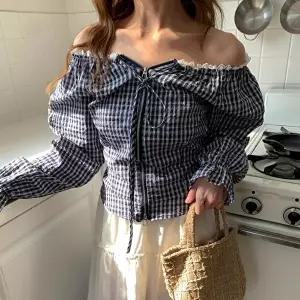[신상오픈런]|CMH4329|여성용 체크 패턴 오프숄더 긴팔 블라우스 봄 여름 루즈핏