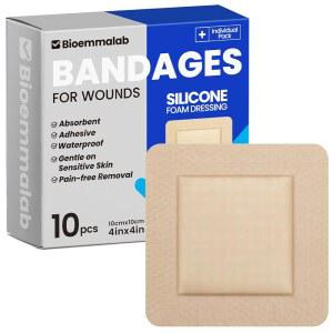 민감성 피부 관리를 위한 대형 방수 붕대 4x4 실리콘 폼 드레싱 응급 처치용 테두리가 있는 접착성 응집 패드 10개의 PCS 후 외상 관리
