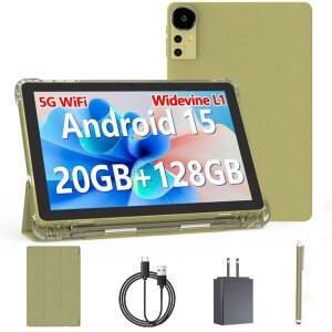 안드로이드 15 태블릿 10인치 20GB RAM 128GB ROM 2TB 확장 케이스 스타일러스 포함 2.0GHz CPU 쿼드코어 프로세서 PC 5G WiFi6 BT5.0 6000mAh 배터리 듀얼 카메라 와이드바인 L1 GMS 옐로우