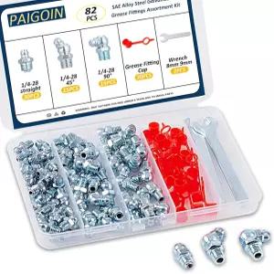 PAIGOIN 1/4 -28 SAE 그리스 피팅 - 캡 및 렌치 스트레이트 45 90도 각도의 니플이 있는 82PCS 저크 키트