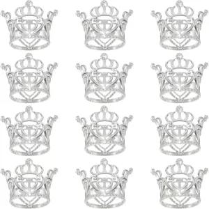 uxcell 12Pcs 미니 크라운 케이크 토퍼 알로이 퀸 프린세스 리틀 실버 티아라 컵케이크 하트 모양 생일