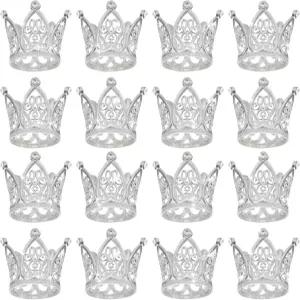 uxcell 16Pcs 미니 크라운 케이크 토퍼 알로이 퀸 프린세스 리틀 실버 티아라 컵케이크 하트 모양의 생일