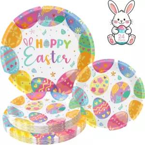 24개의 행복한 부활절 종이 접시 - 귀여운 둥근 봄 알록달록한 달걀 저녁 디저트 명절 파티 테이블 장식