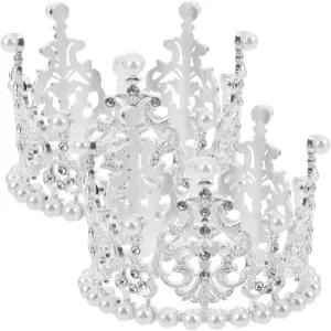 Amosfun 2pcs 미니 진주 크라운 케이크 토퍼 라인스톤 프린세스 티아라 컵케이크 플라워 부케 DIY 용품