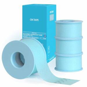 OK 테이프 민감성 피부용 실리콘 용 테이프(4롤) 드레싱 거즈 고정용 방수 없는 제거 미세 기공 응급처치 붕대 1인치 x 5야드 파란색