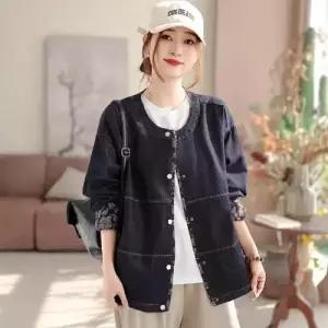 데님 여성용 봄 라운드 코트 재킷 소매 패치워크 상의 긴팔 OP1