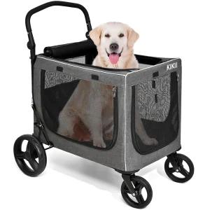 대형 및 중형견을 위한 KIKII 초대형 반려견 유모차 조절식 핸들바 브레이크 바퀴 4개 반사형 경량 접이식
