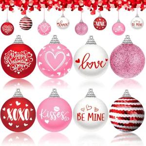 Outus 16개 발렌타인데이 트리 장식 볼 빈티지 해피 레드와 핑크 러브 키스 Xoxo 패턴 걸이 장식품 홈 농가