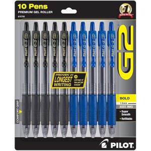 파일럿 G2 프리미엄 젤 펜 블랙 볼드 포인트 1.0mm 리필 접이식 볼펜 5개 블루 팩 10개
