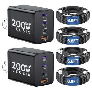 200W USB C 충전기 블록 2팩 접이식 4포트 GaN5 초고속 듀얼 65W 타입 충전 Pro /Air 삼성 갤럭시 블랙용 노트북 고속 어댑터