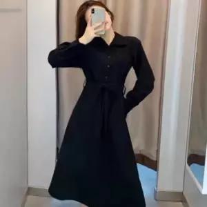 [의류] 코트 느낌 원피스 올블랙 허리끈 카라원피스 롱원피스