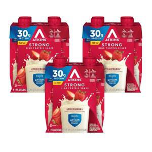 앳킨스 강력 고단백 쉐이크, 딸기 맛, 30g 단백질, 7g 프리바이오틱 섬유, 1g 당근 및 장 지원, GLP-1 저탄수화물 저단백 글루텐 프리, 12 카운트