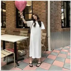 [옷은날개] 라운드 심플 화이트 롱원피스 핑크