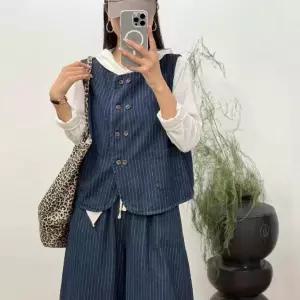 세군다 여자 정장세트 스트라이프 데님 세트 빈티지 더블 민소매 카디건 베스트 스트링 허리 9부 DOS1