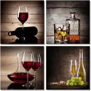 위코 아트 레드 와인 컵 현대식 주방 벽 다이닝 룸 장식 4 패널 추상 캔버스 프린트 아트워크 현대 빈티지