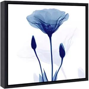 Pyradecor 블랙 액자 캔버스 월 아트 블루 플리커링 플라워 모던 그레이스 플로럴 페인팅으로 침실 사무실
