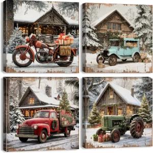 컨트리 윈터 월 아트 크리스마스 헛간 그림 벽 장식 소박한 농가 풍경 캔버스 프린트 녹슨 트럭 포스터 눈