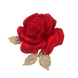 여성 여성용 에나멜 로즈 플라워 브로치 핀 골드 도금 우아한 크리스탈 레드 크리에이티브 3D 플로럴 고급 드레스 액세서리 홀리데이 할로윈 생일 주얼리