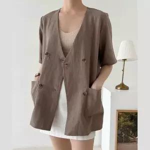 린넨 루즈핏 노카라 브이넥 더블 하프 자켓 룩 코디 (10520040A)