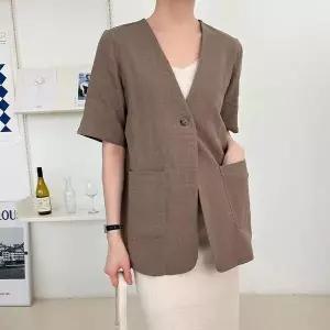 포켓 브이넥 노카라 반팔 하프 린넨 자켓 코디 룩 (10449518A)