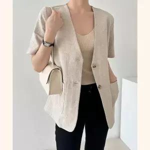 노카라 투버튼 싱글 하프 브이넥 반팔 린넨 하프 자켓 (10449517A)