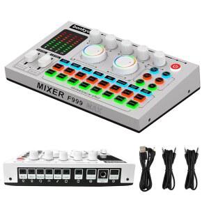 F999MAX 라이브 사운드 카드 RGB 조명 효과 전문 오디오 믹서 노이즈 감소 메탈 바디 인디케이터 패널 인터페이스 보이스 체인저 / 게임 팟캐스트 노래방용 DJ