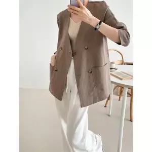 여성 여름 브이넥 포켓 린넨 노카라 더블 하프 자켓 (9923061A)