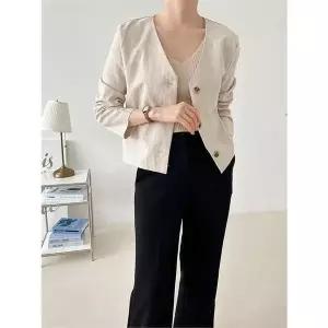 여름 브이넥 린넨 노카라 싱글 여성 린넨 자켓 (9920597A)