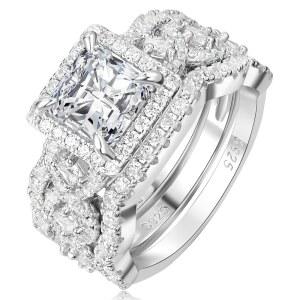RYANEE 프린세스 925 스털링 실버 여성 큐빅 지르코니아 헤일로 약혼 반지 그녀를 위한 시뮬레이션 다이아몬드 14k 흰색 화이트 골드 도금 CZ 스태커블 웨딩 밴드 브라이덜 링 세트