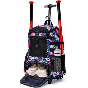 AI EN JIU 소프트볼 백, 야구 롤링 배트 백 - 소녀 휠, 신발 수납 공간이 있는 경량 장비 백팩, T볼 배트용 펜스 후크가 헬멧