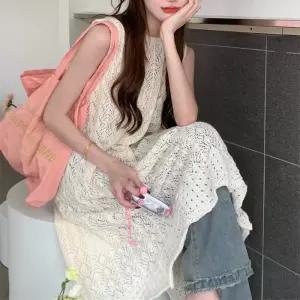 롱 원피스형 펀칭 조끼 시스루 니트 여성 레어어드