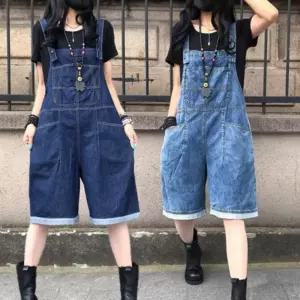 여성 캐주얼 디자인 빅포켓 데님 멜빵 반바지