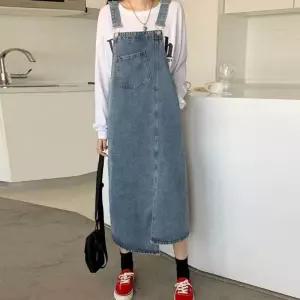 여성 유니크 트렌디 언발란스 데님 멜빵 롱 스커트