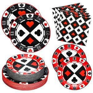 오손 180PCS 카지노 파티 용품 서비스 60 포커 종이 접시 나이트 클럽 생일파티 장식용 냅킨 키트 디너 디저트 포함