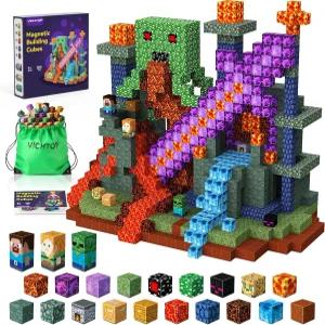 VICHTOP 200Pcs 마그네틱 빌딩 블록 - 자석 월드 세트 STEM 감각 스태킹 큐브 장난감 3세 4세 5세 6세 7세