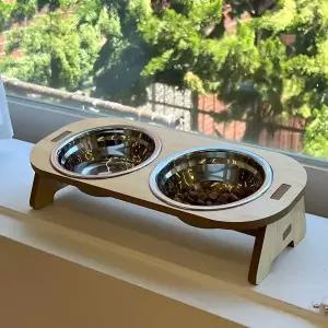 [RIZPICK]강아지 원목 밥그릇 물그릇 세트 고양이 애견 높이 조절 식기 스텐