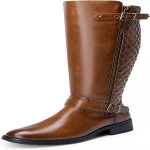 드림 페어 여성용 무릎 하이 부츠 편안한 청키 블록 힐 라운드 토 사이드 지퍼 라이딩 패션 버클 바이커