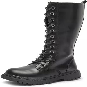 AZAGNEEM 여아 가죽 라이딩 무릎 하이 부츠 옆 지퍼 패션 라운드 토 편안한 로우 힐 레이스 업 전투 러그