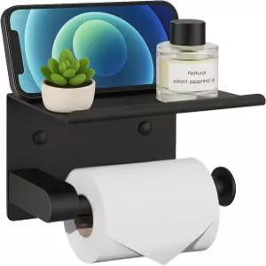선반이 있는 Twirobt 검은색 화장지 홀더 - 방청 스테인리스 스틸 벽걸이 또는 셀프 접착식 욕실 휴지 롤