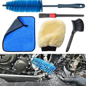 오토바이 청소용 브러시 키트 이지 리치 울 워시 미트 단단한 타이어 머드가드 림 페인트 배기용 및 극세사