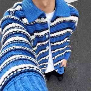칼라넥 남성 카라 스웨터 스트라이프 카디건 빈티지 굵은 니트 터틀넥 상의 admr1