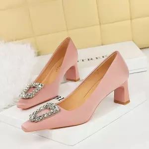 여성용 하이힐 파티 굽높이 사틴 펌프스 스퀘어 메탈 큐빅플랫 슈즈 패피5