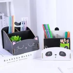 ( )3칸 조립식 펜 홀더 캐릭터 목재 펜 홀더 수납함 연필