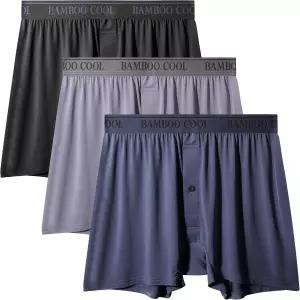 대나무 쿨 소프트 남성 복서 반바지 3팩 버튼 플라이 남성용 실크 느낌 속옷 통기성 루즈 핏