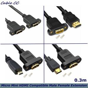 30cm 마이크로 HDMI 호환 남자-미니 여자 확장 커넥터 나사 잠금 패널 마운트 HD AV 카메라 케이블