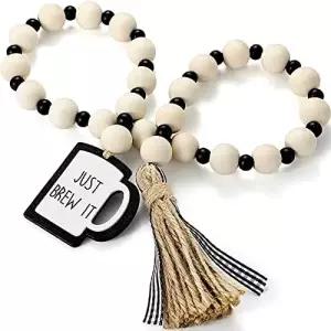 제텍 커피 바 장식 우드 비드 갈랜드와 태슬 액세서리 테이블 선반 소박한 농가 홈