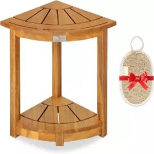 빅토리 릴렉스 아카시아 나무 코너 샤워 스툴 - 수납 선반과 면도용 비누 접시가 있는 방수 삼각형 욕실